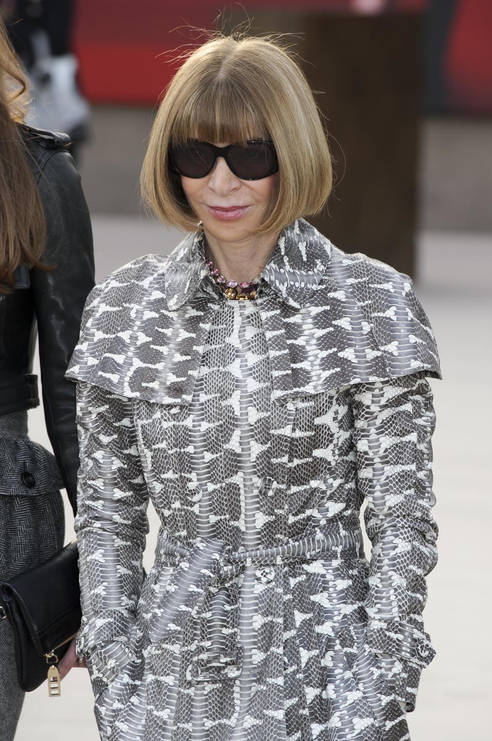 British editor of Vogue, Anna Wintour arrives for the Burberry Prorsum fashion collection during London Fashion Week, at a central London Venue, Monday, Feb. 18, 2013, London. (Photo by Jonathan Short/Invision/AP)