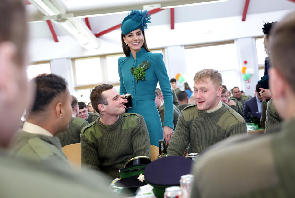 Catherine, Princess of Wales attends the St. Patrick's Day Parade at Mons Barracks on March 17, 2023 in Aldershot, England. Catherine, Princess of Wales visits the 1st Battalion Irish Guards and attends the parade for the first time as Colonel of the Regiment succeeding The Prince of Wales, the outgoing Colonel.