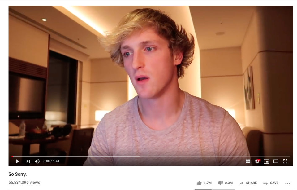 Das Video von YouTuber Logan Paul ist nur ein Beispiel für ein Entschuldigungs-Video auf der Video-Plattform. Foto: Youtube