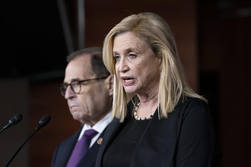 FILE - In this Oct. 31, 2019, file photo, Rep. Carolyn Maloney, acting chair of the House Committee on Oversight and Reform, joined at left by Rep. Jerrold Nadler, chairman of the House Judiciary Committee, meet with reporters to discuss the next steps of the impeachment investigation of President Donald Trump, at the Capitol in Washington. House Democrats are set to choose who will lead the powerful Oversight and Reform Committee _ a key role in the ongoing impeachment inquiry of President Donald Trump. Three veteran lawmakers, including Maloney of New York, the acting chairwoman, are seeking to replace the late Rep. Elijah Cummings of Maryland, who died last month. (AP Photo/J. Scott Applewhite, File)