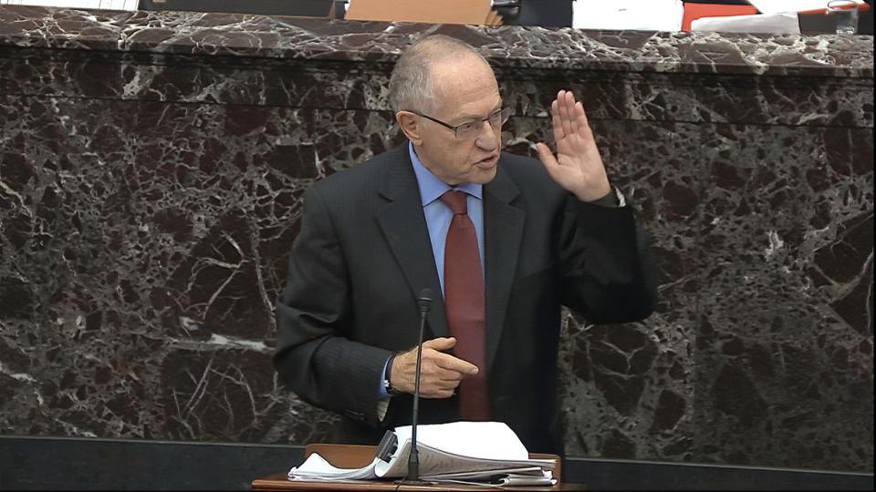 In this image from video, Alan Dershowitz, an attorney for President Donald Trump answers a question during the impeachment trial against Trump in the Senate at the U.S. Capitol in Washington, Wednesday, Jan. 29, 2020. (Senate Television via AP)