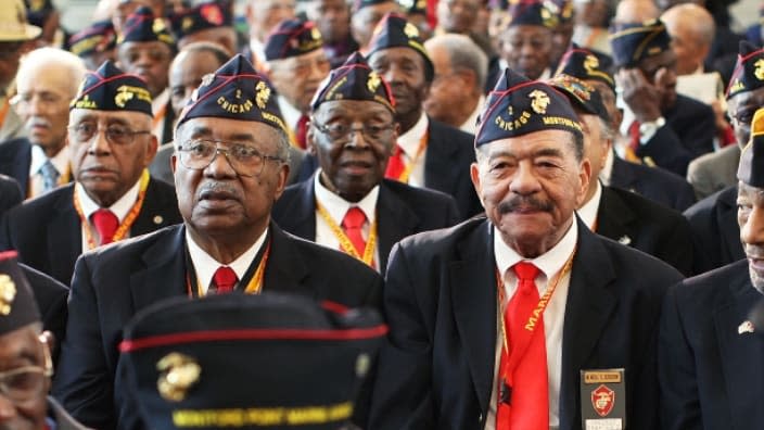 Members of the Montford Point Marines attend a presentation ceremony of the Congressional Gold Medal at the Emancipation Hall of the Capitol Visitor’s Center in June 2012 on Capitol Hill in Washington, D.C. (Photo: Alex Wong/Getty Images)