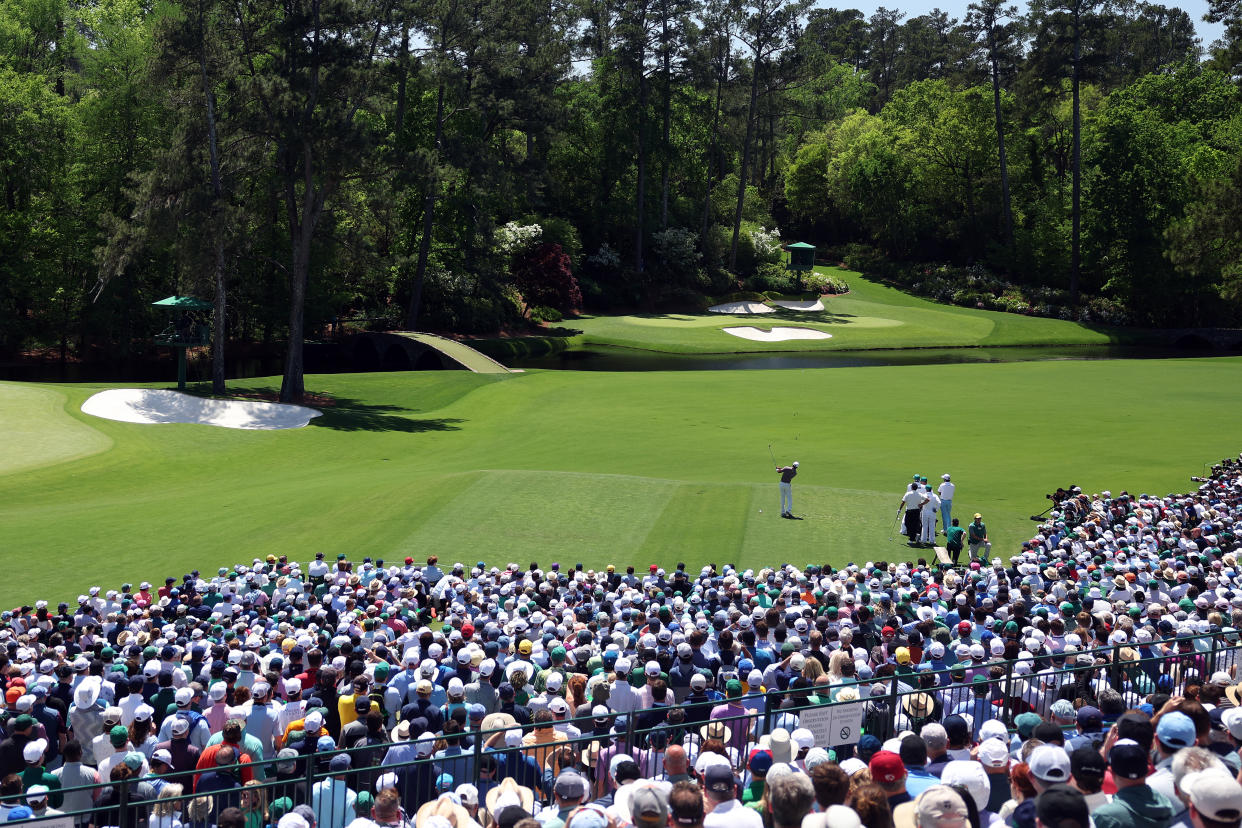 AUGUSTA, GEORGIA - APRIL 12: Tiger Woods of the United States plays his shot from the 12th tee during the second round of the 2024 Masters Tournament at Augusta National Golf Club on April 12, 2024 in Augusta, Georgia. (Photo by Warren Little/Getty Images)