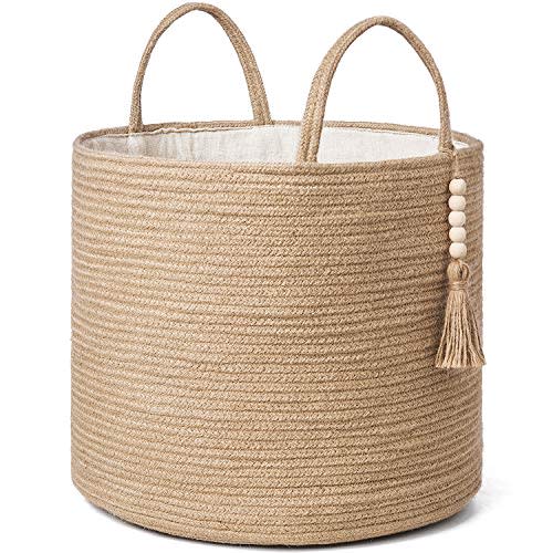 Mkono Woven Storage Basket Decorative Natural Rope Basket Wooden Bead Decoration for Blankets,Toys,Clothes,Shoes,Plant Organizer Bin with Handles Living Room Home Decor, Jute, 16