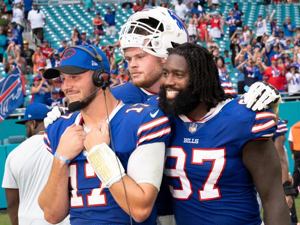 Buffalo Bills crash the post-game interview of Josh Allen.