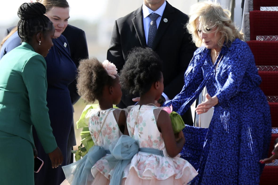 US First Lady Jill Biden arrives in Nairobi, Kenya, for a three-day visit to the country, Friday, Feb. 24, 2023. (AP Photo/Brian Inganga)