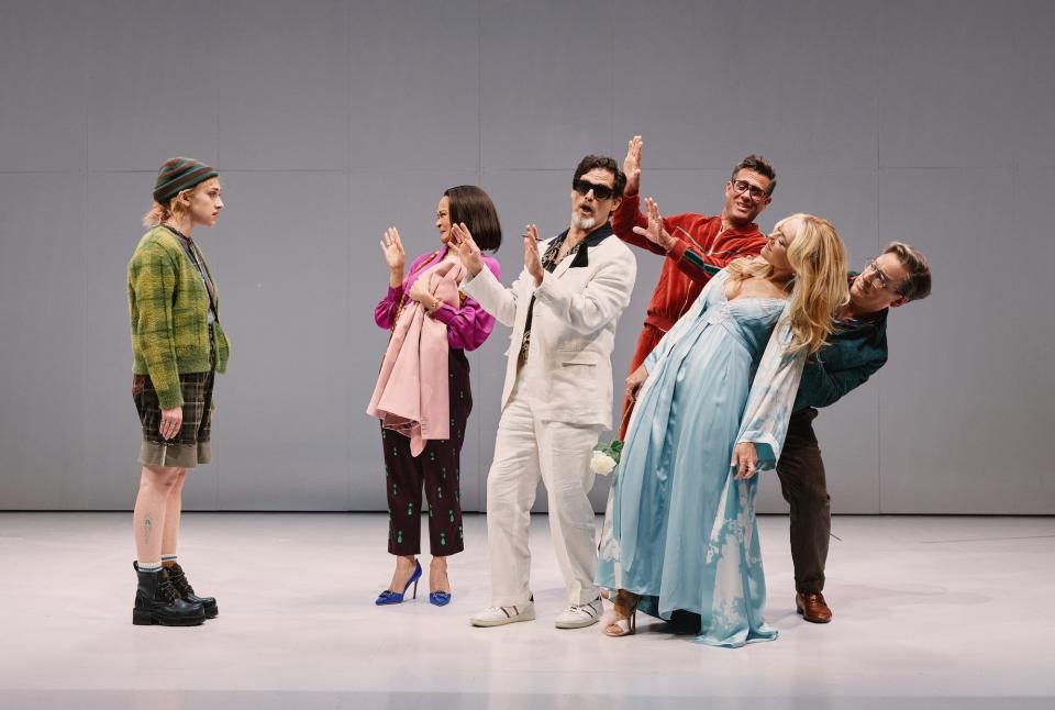 From left, Micaela Diamond, Amber Gray, Steven Pasquale, Bobby Cannavale, Rachel Bay Jones and Jeremy Shamos in a scene from the Stephen Sondheim-David Ives musical “Here We Are.”