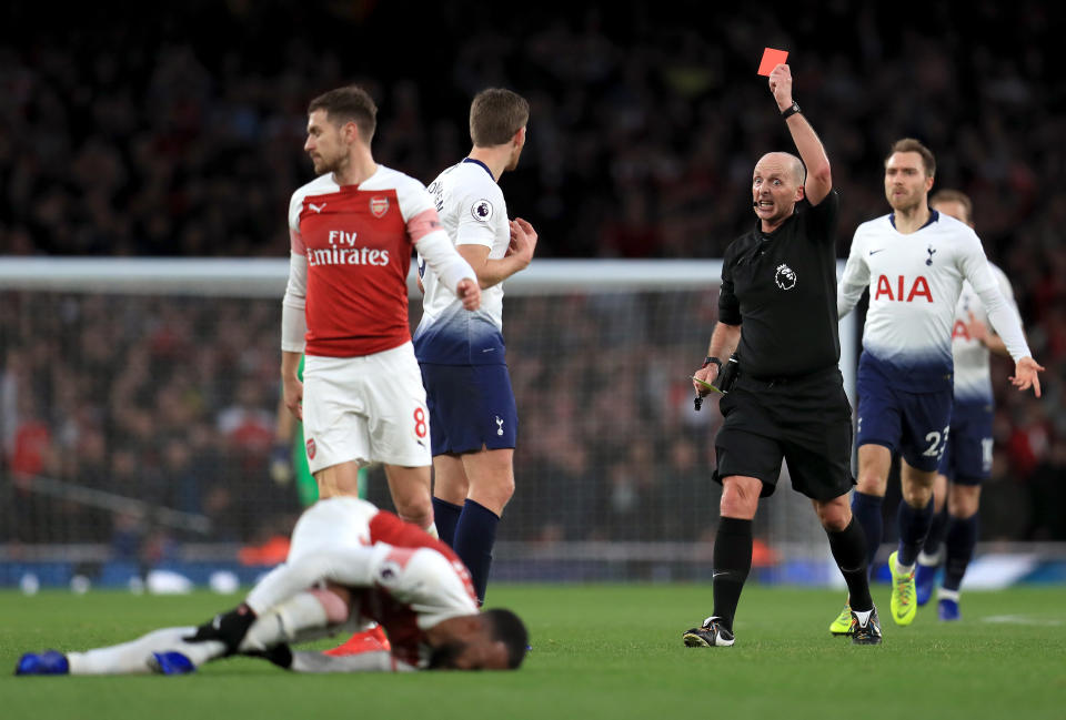 Tottenham Hotspur’s Jan Vertonghen is dismissed for his second bookable offence