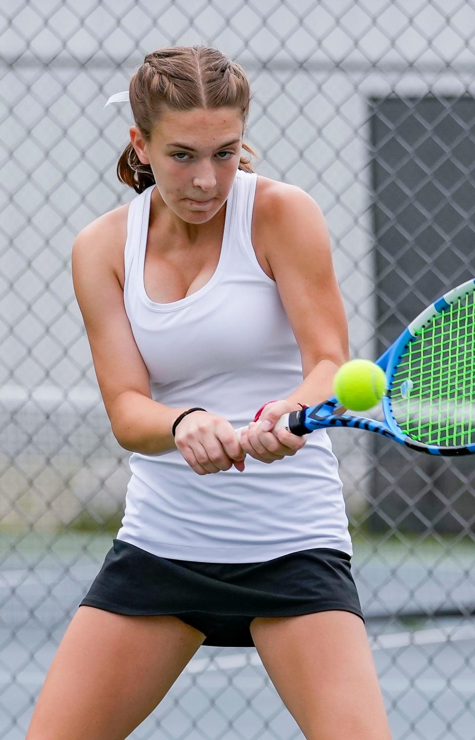 DSHA's Molly Jex competes at the Arrowhead tennis invitational in Hartland last August. Jex and Lizzie Stuckslager won a Division 1 doubles pairing championship at the WIAA state girls tennis tournament Saturday in Madison.