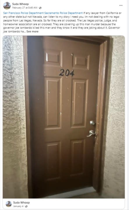 <em>A post from Stanley Weaver, the man accused of stalking Nevada Gov. Joe Lombardo and his family, showing a photo of William Vosburg’s former front door. (KLAS)</em>