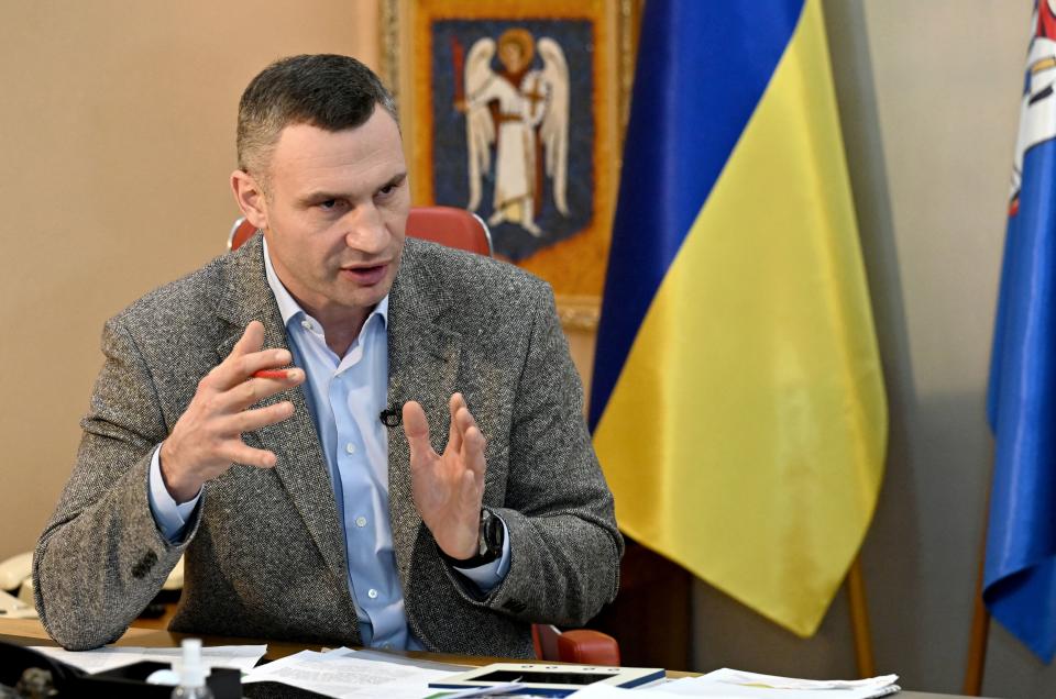 Heavyweight boxing champion, turned Kyiv mayor Vitali Klitschko, talks with AFP journalists at his office in Kyiv on February 10, 2022. - Vitali Klitschko said he was ready 