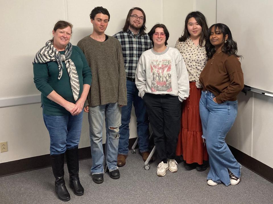 Left to right: Carie King, Jackson Sims, Shane M. Russo, Evan E. Gomillion, Akie M. Kasai and 
Malu Yitages. King's writing class at the University of Texas at Dallas spent a semester researching and reporting on the life of Samuel Gideon.