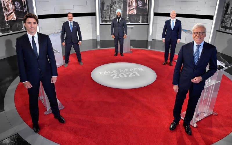 Canadian party leaders pose before French language TVA election debate in Montreal