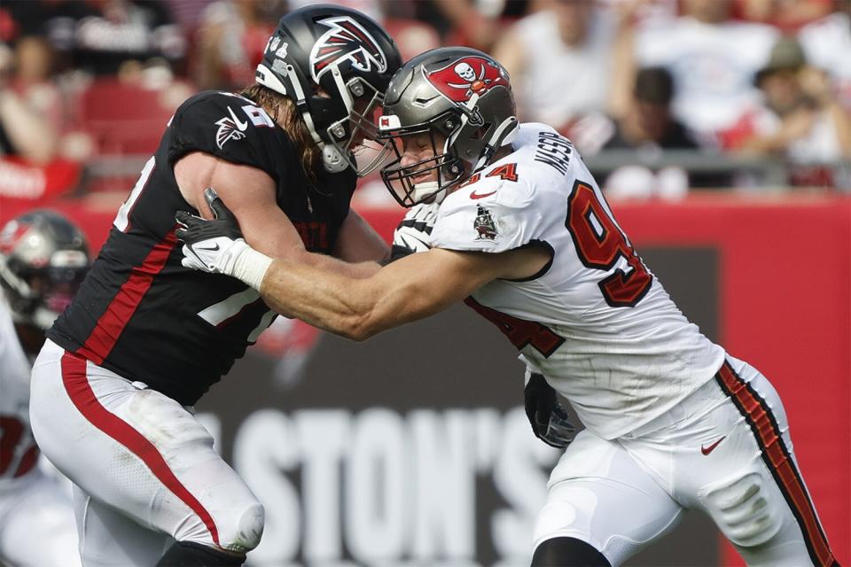 TAMPA, FL - OCTOBER 09: Tampa Bay Buccaneers Linebacker Carl Nassib (94) rushes the passer during the regular season game between the Atlanta Falcons and the Tampa Bay Buccaneers on October 09, 2022 at Raymond James Stadium in Tampa, Florida. (Photo by Cliff Welch/Icon Sportswire via Getty Images)