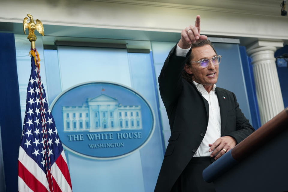 Matthew McConaughey, a native of Uvalde, Texas, talks about the mass shooting at an elementary school in Uvalde as he joins White House press secretary Karine Jean-Pierre for the daily briefing at the White House in Washington, Tuesday, June 7, 2022.(AP Photo/Susan Walsh)