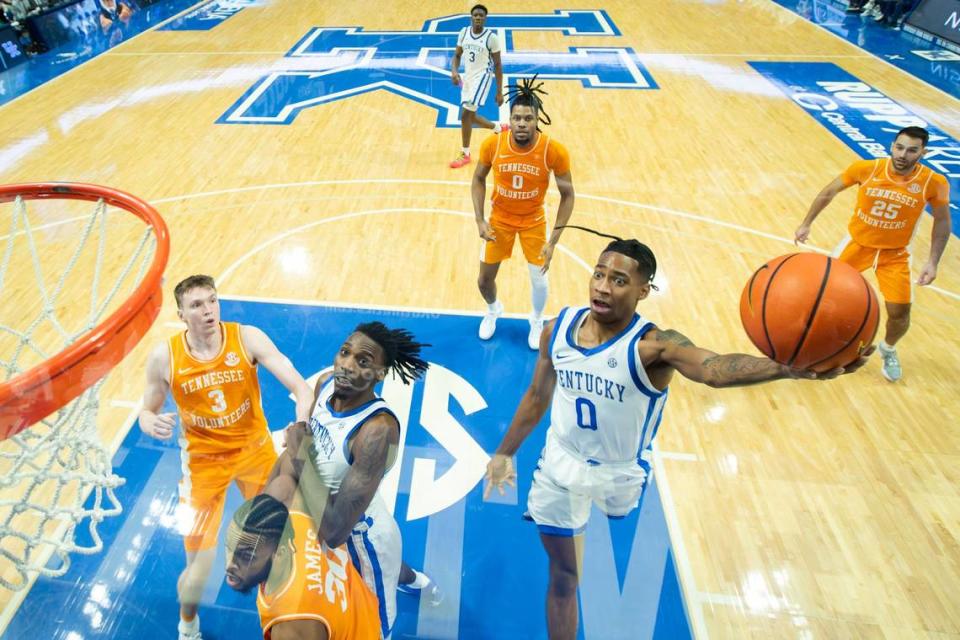 Kentucky freshman guard Rob Dillingham (0) had 35 points in UK’s 103-92 loss to Tennessee at Rupp Arena on Feb. 3.