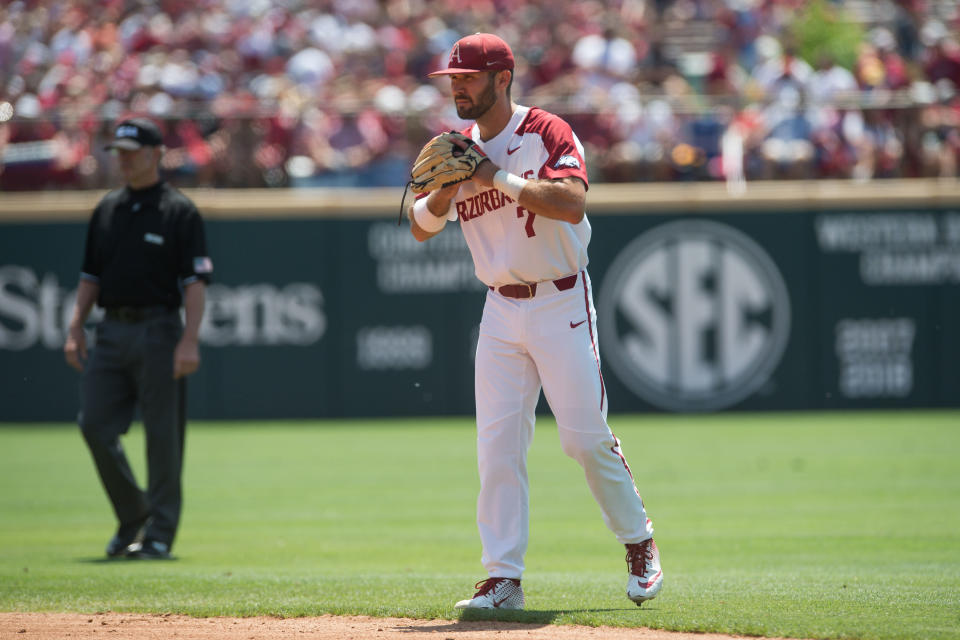 Jun 8, 2019; Fayetteville, AR, USA; Arkansas Razorbacks second baseman Jack Kenley (7) gets ready for a play during the game against the Mississippi Rebels at Baum-Walker Stadium. Mandatory Credit: Brett Rojo-USA TODAY Sports