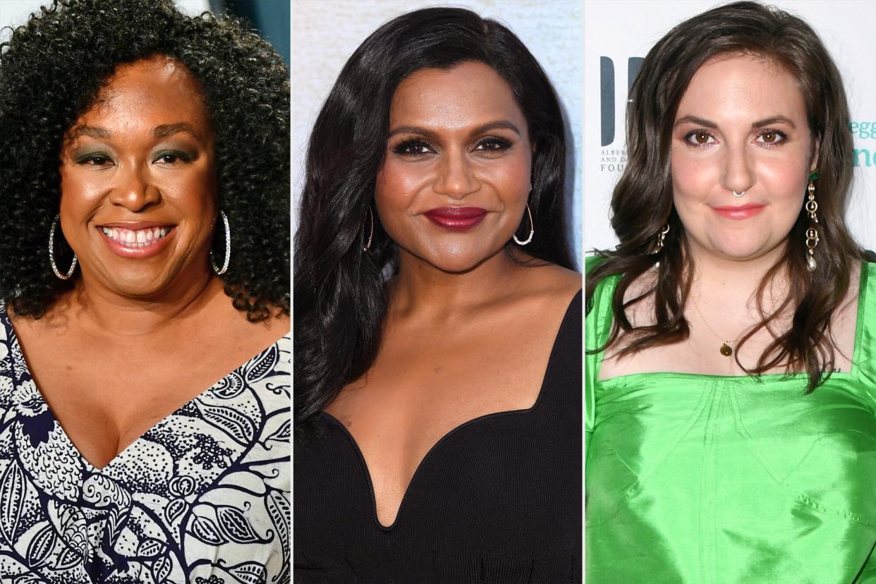 Shonda Rhimes attending the Vanity Fair Oscar Party held at the Wallis Annenberg Center for the Performing Arts in Beverly Hills, Los Angeles, California, USA. (Photo by Ian West/PA Images via Getty Images); Mindy Kaling arrives at the Los Angeles Premiere Of Focus Features' "Vengeance"at Ace Hotel on July 25, 2022 in Los Angeles, California. (Photo by Steve Granitz/FilmMagic); Lena Dunham attends Friendly House 30th Annual Awards Luncheon at The Beverly Hilton Hotel on October 26, 2019 in Beverly Hills, California. (Photo by Jon Kopaloff/Getty Images,)