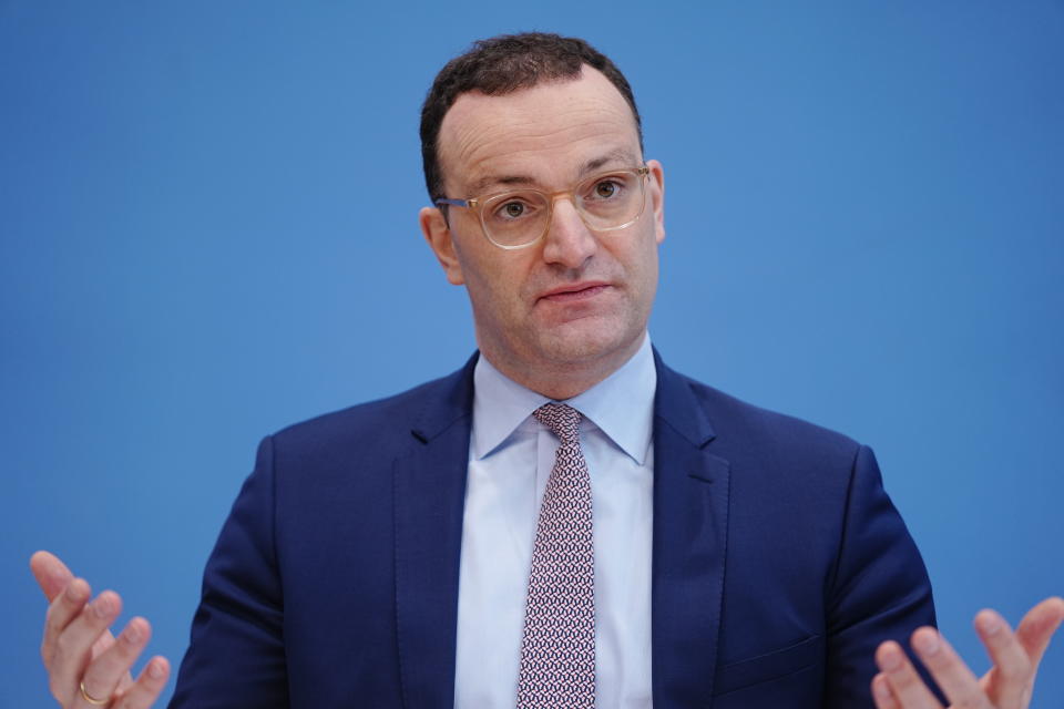 Jens Spahn, Executive Federal Minister for Health, gives a press conference on the development in the Corona pandemic at the Federal Press Conference in Berlin, Germany, Friday, Dec. 3, 2021. (Kay Nietfeld/dpa via AP)