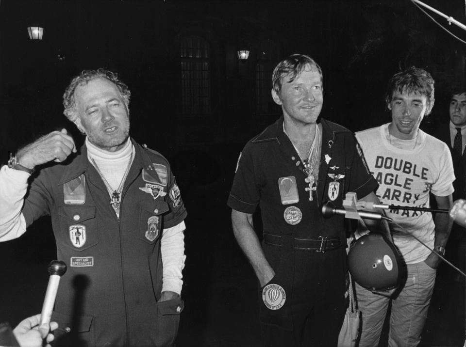 18th August 1978:  Three American airmen arrive in Paris after crossing the Atlantic, 50 years after Lindbergh's flight, in their air balloon 'Double Eagle II', a voyage that took them more than five days. They are Ben Abruzzo, Maxie Anderson and Larry Newman.  (Photo by Keystone/Getty Images)