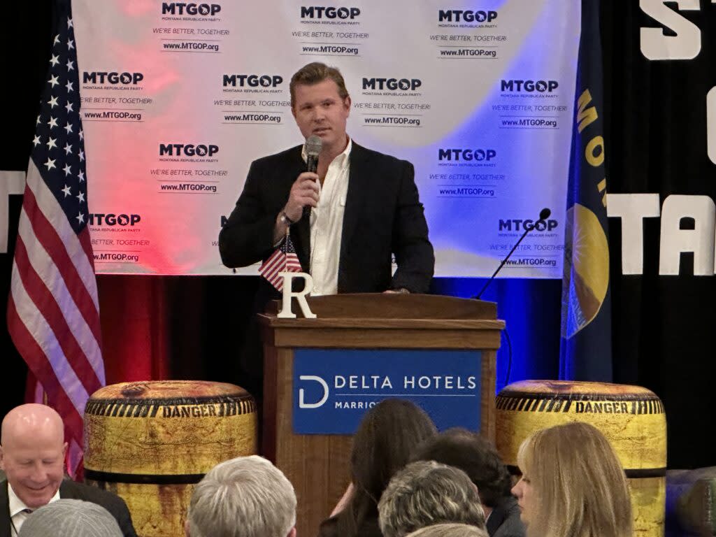 Tim Sheehy, a Republican candidate for U.S. Senate in 2024, speaks at the Montana GOP 2024 kick-off event on Friday, Feb. 9, 2024. (Photo by Blair Miller, Daily Montanan)