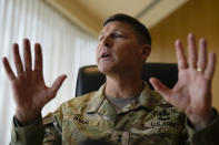 Commanding General of the U.S. Army's 25th Infantry Division based in Hawaii, Maj. Gen. Joseph Ryan gestures as he speaks to The Associated Press in Manila, Philippines on Wednesday, Feb. 8, 2023. Ryan said American forces and their allies in Asia, including the Philippines, are ready for battle after years of joint combat exercises and added that Russia's war setbacks in Ukraine should serve as a warning to potential Asian aggressors like China and North Korea. (AP Photo/Aaron Favila)