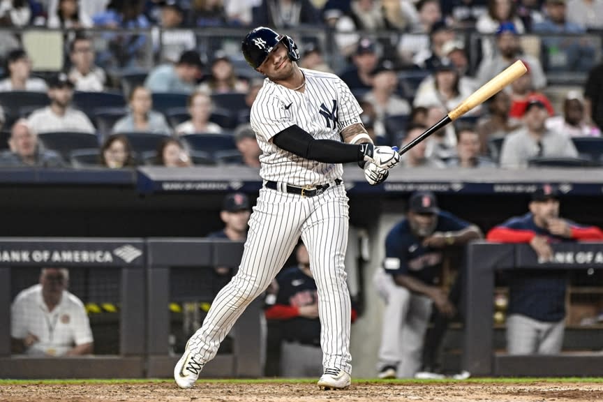 New York Yankees second baseman Gleyber Torres (25) reacts during the fifth inning against the Boston Red Sox at Yankee Stadium.