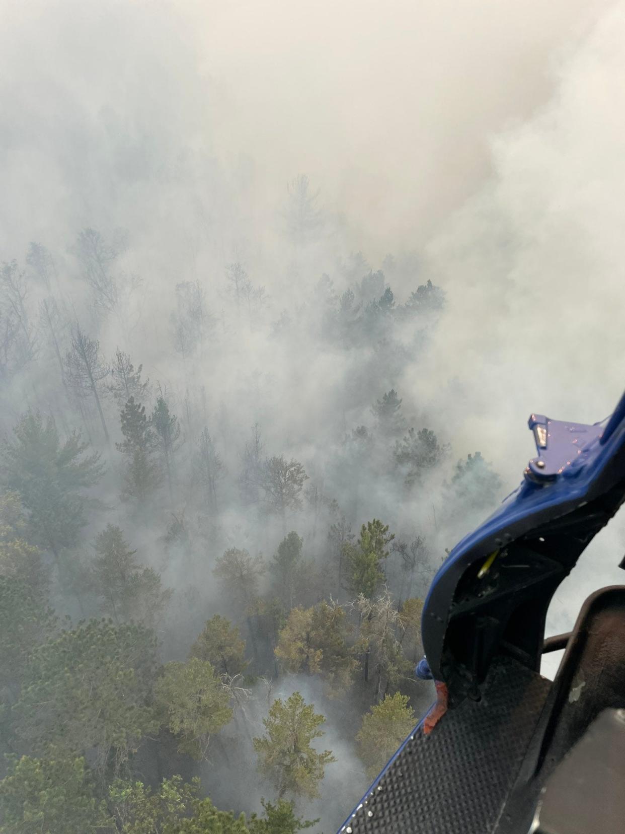 An aerial view of the Crawford County wildfire from the Michigan State Police Aviation Unit helicopter on June 3, 2023.