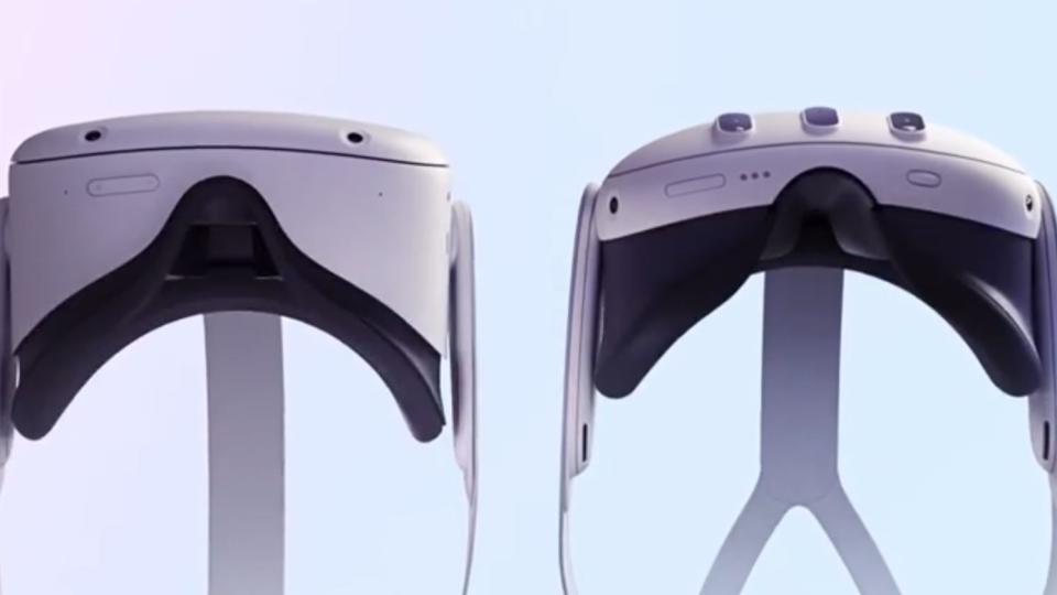 The Oculus Quest 3 to the right of the Quest 2, it's much slimmer