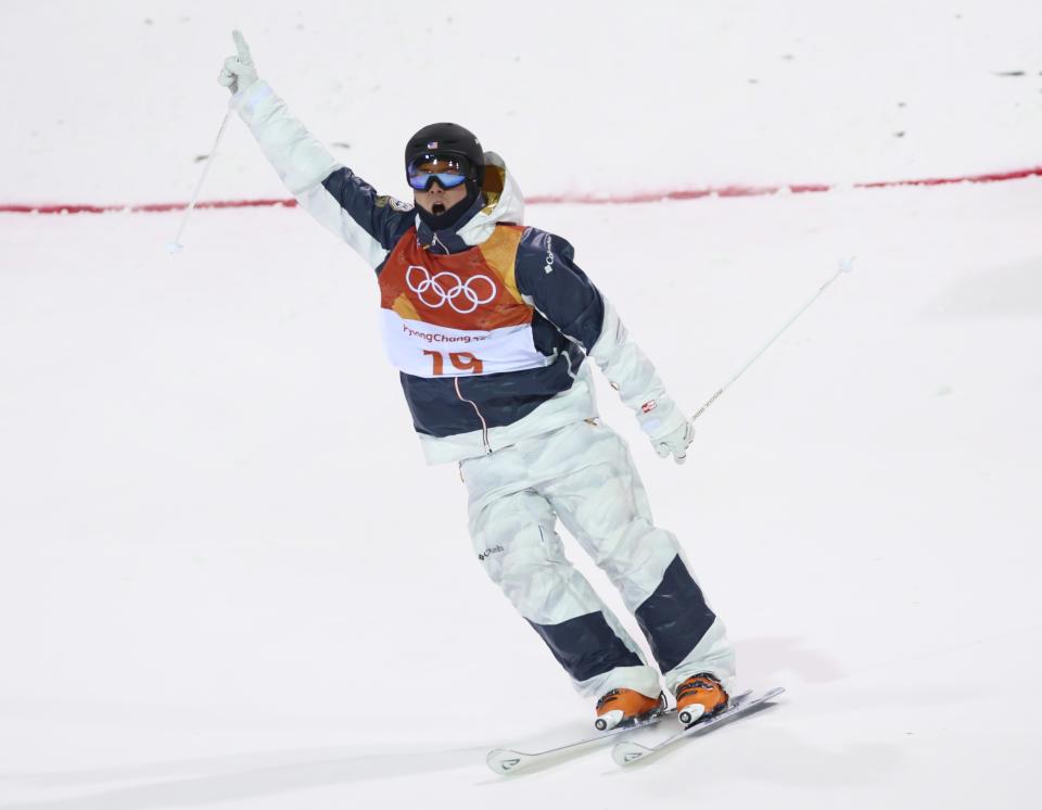 Casey Andringa celebrates after his run on Monday. (Reuters photo)