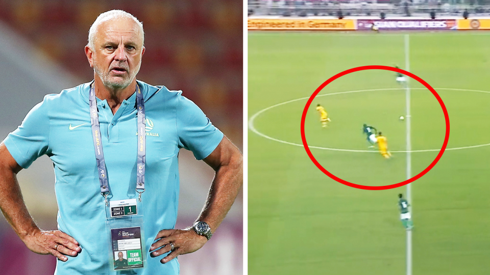 The Socceroos (pictured right) were denied a goal and (pictured left) coach Graham Arnold looking angry.