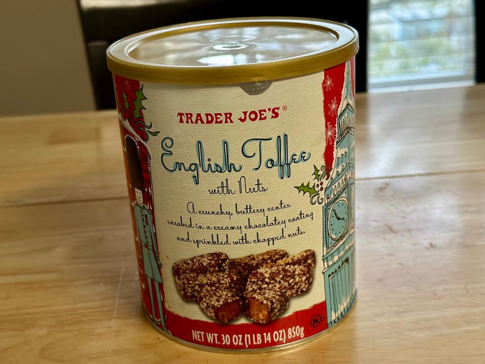 red, cream, and blue container of English toffee from trader joe's