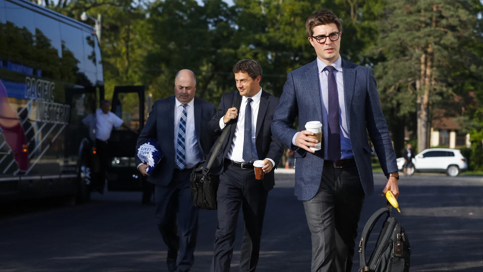 LUCAN, ON - SEPTEMBER 18: General manager Kyle Dubas of the Toronto Maple Leafs  makes his way into the arena from the team bus prior to their preseason game against the Ottawa Senators during Kraft Hockeyville Canada at the Lucan Community Memorial Centre on September 18, 2018 in Lucan, Ontario, Canada. (Photo by Mark Blinch/NHLI via Getty Images)