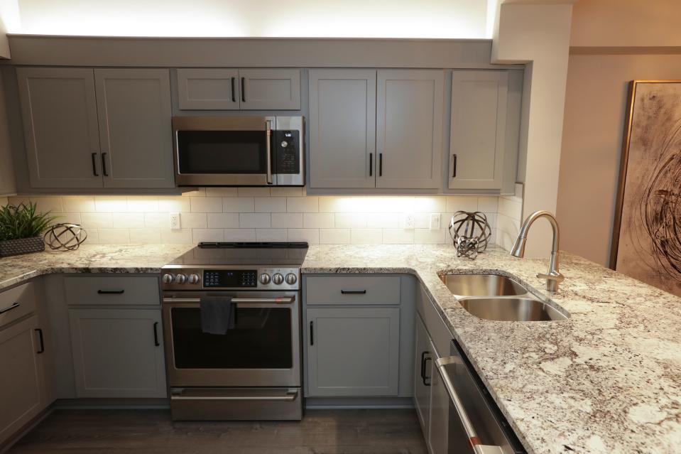 The kitchen inside a condo owned by Johnny Phillips at The Harbours Condominiums along the riverfront in Jeffersonville, Ind. on Feb. 6, 2023.