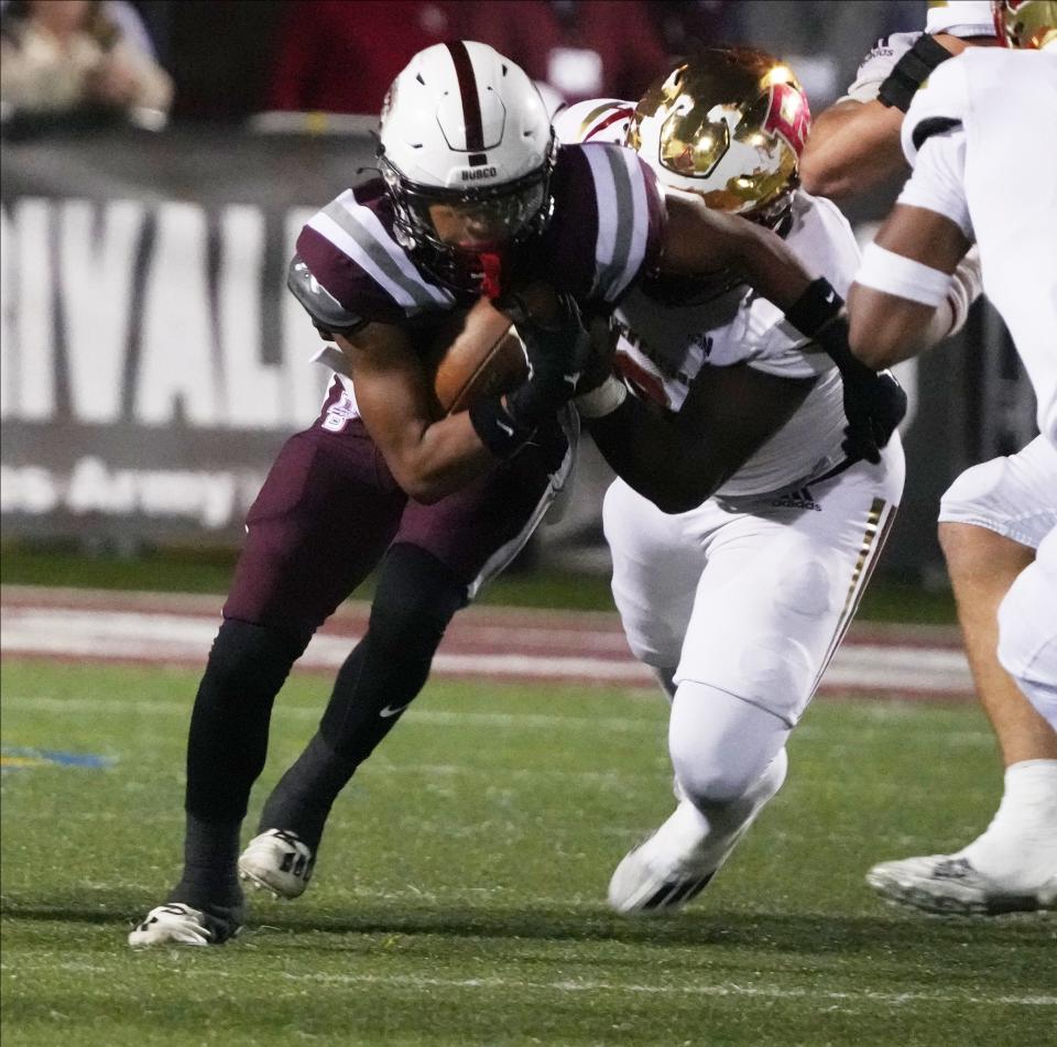 Ramsey, NJ-- September 23, 2023 -- AJ Larkin of Bergen Catholic in the second half. Bergen Catholic defeated Don Bosco 38-15 in their football rivalry played at Don Bosco in Ramsey on September 23, 2023.