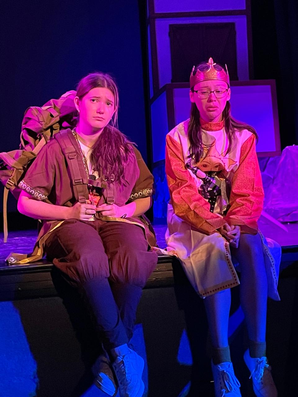 Caitlyn Kops (Patsy) and Joli Flynn (King Arthur) in rehearsal for Eastchester High School's “Spamalot.”