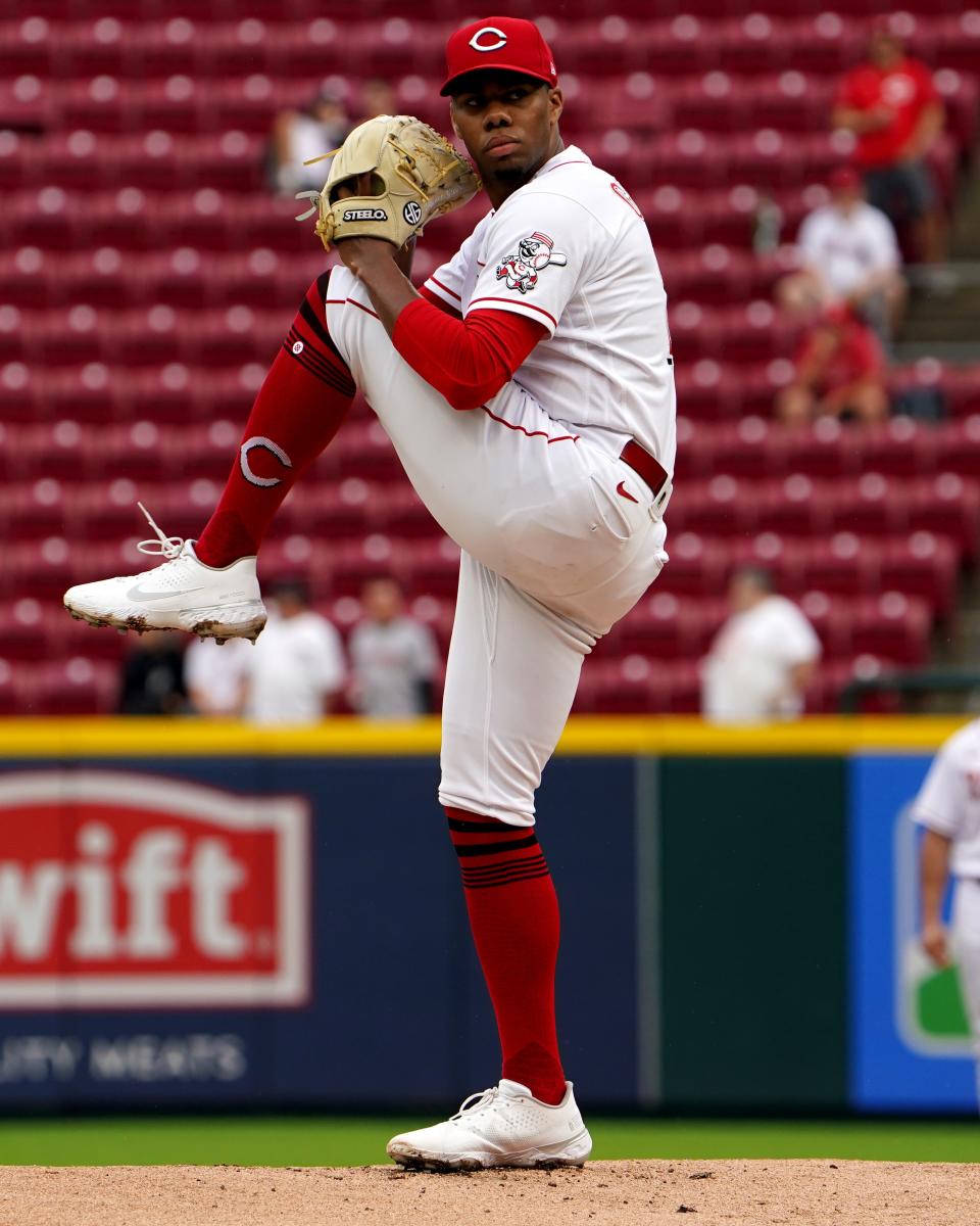 Cincinnati Reds starting pitcher Hunter Greene (21) delivers in the first inning of a baseball game against the Arizona Diamondbacks, Monday, June 6, 2022, at Great American Ball Park in Cincinnati. 