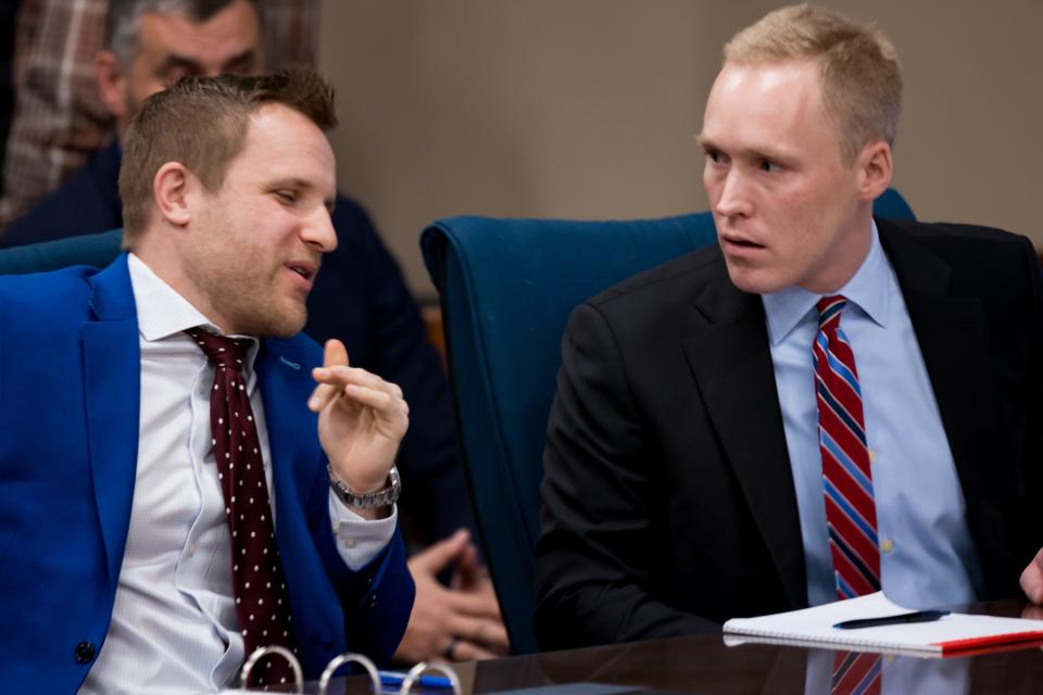 Defense lawyers Ryan Baasch and Robb Fargoharson, representing Texas Attorney General Ken Paxton before a motion hearing with Judge Francisco Dominguez in the 205th District Courtroom in El Paso, TX on Thursday, March 7, 2024.