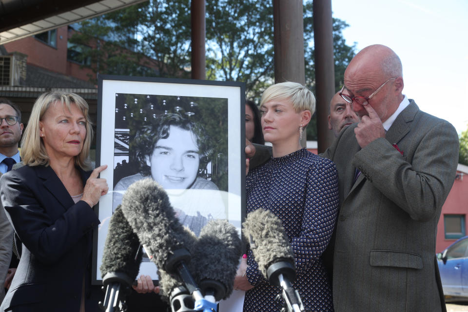 The family of Owen Car outside Southwark Coroner's Court following the ruling at his inquest that he was misled into believing that there were no allergens in his meal. Source: Yui Mok / PA Wire