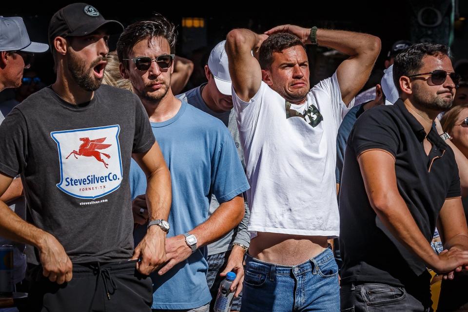 United States Men's National Team supporters watch the FIFA World Cup 2022 match against the Netherlands outside of O'Shea's Irish Pub in downtown West Palm Beach, Fla., on December 3, 2022. The US lost to the Netherlands 3-1.