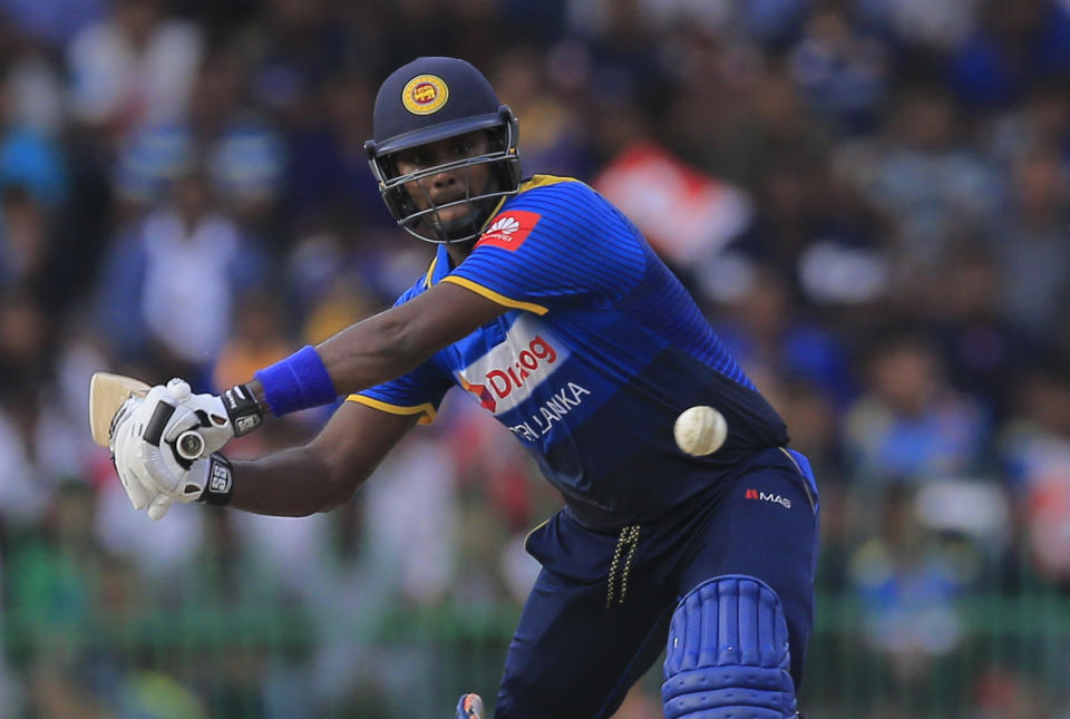 FILE - In this Sunday, Aug. 12, 2018 file photo, Sri Lanka's Angelo Mathews plays a shot against South Africa during their fifth one-day international cricket match with Sri Lanka in Colombo, Sri Lanka. The 2019 Cricket World Cup starts in England on May 31. (AP Photo/Eranga Jayawardena, File)