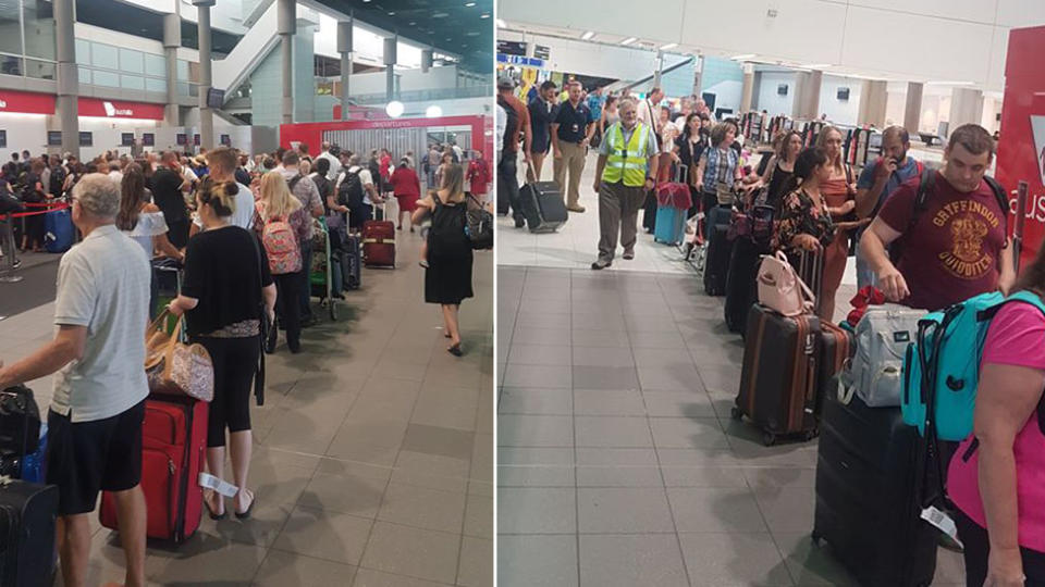 Virgin passengers queue at Brisbane Airport amid major flight delays. Source: Chris McCann/supplied