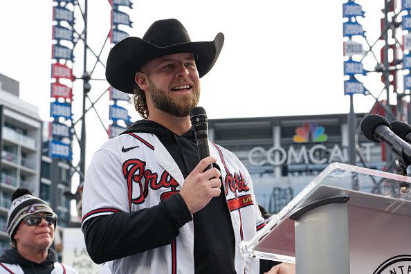 ATLANTA, GA - NOVEMBER 05: Relief Pitcher AJ Minter and members of the Atlanta Braves team speak following the World Series Parade at Truist Park on November 5, 2021 in Atlanta, Georgia. The Atlanta Braves won the World Series in six games against the Houston Astros winning their first championship since 1995. (Photo by Megan Varner/Getty Images)