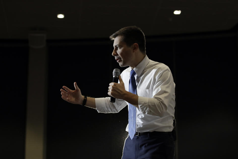 Democratic presidential candidate, former South Bend, Ind., Mayor Pete Buttigieg speaks during a campaign event, Monday, Jan. 27, 2020, in North Liberty, Iowa. (AP Photo/Marcio Jose Sanchez)