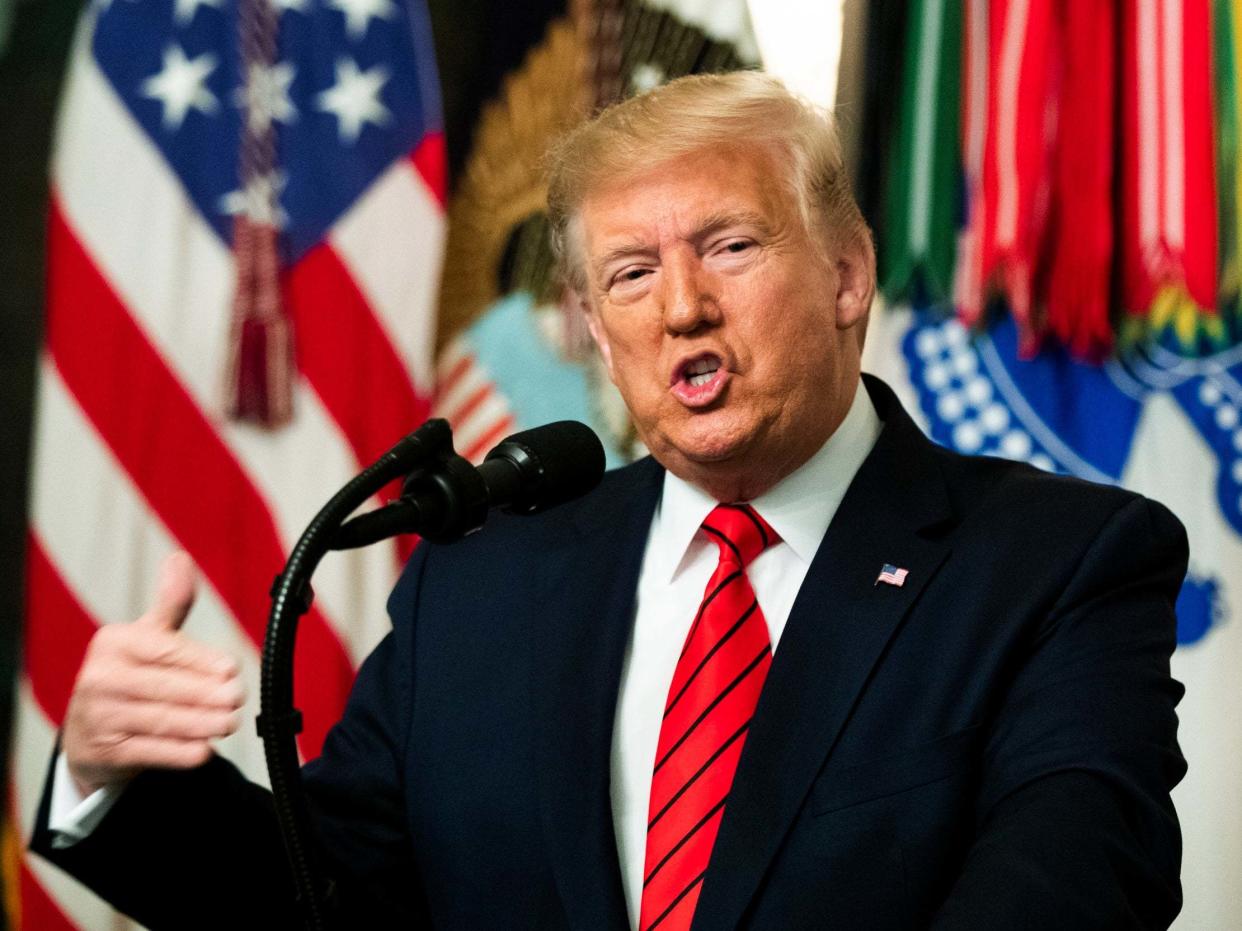 Donald Trump speaking at a press conference announcing the death of Isis leader Abu Bakr al-Baghdadi at the White House on 27 October 2019: AP