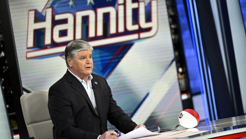 Fox News commentator Sean Hannity tapes “Hannity,” at Fox News Studios on March 16, 2023, in New York.