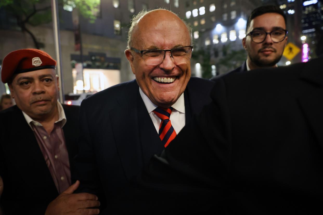 Rudy Giuliani appears in support of his son, New York Republican gubernatorial primary candidate Andrew Giuliani, at an election night watch party in Manhattan on June 28, 2022 in New York City. 