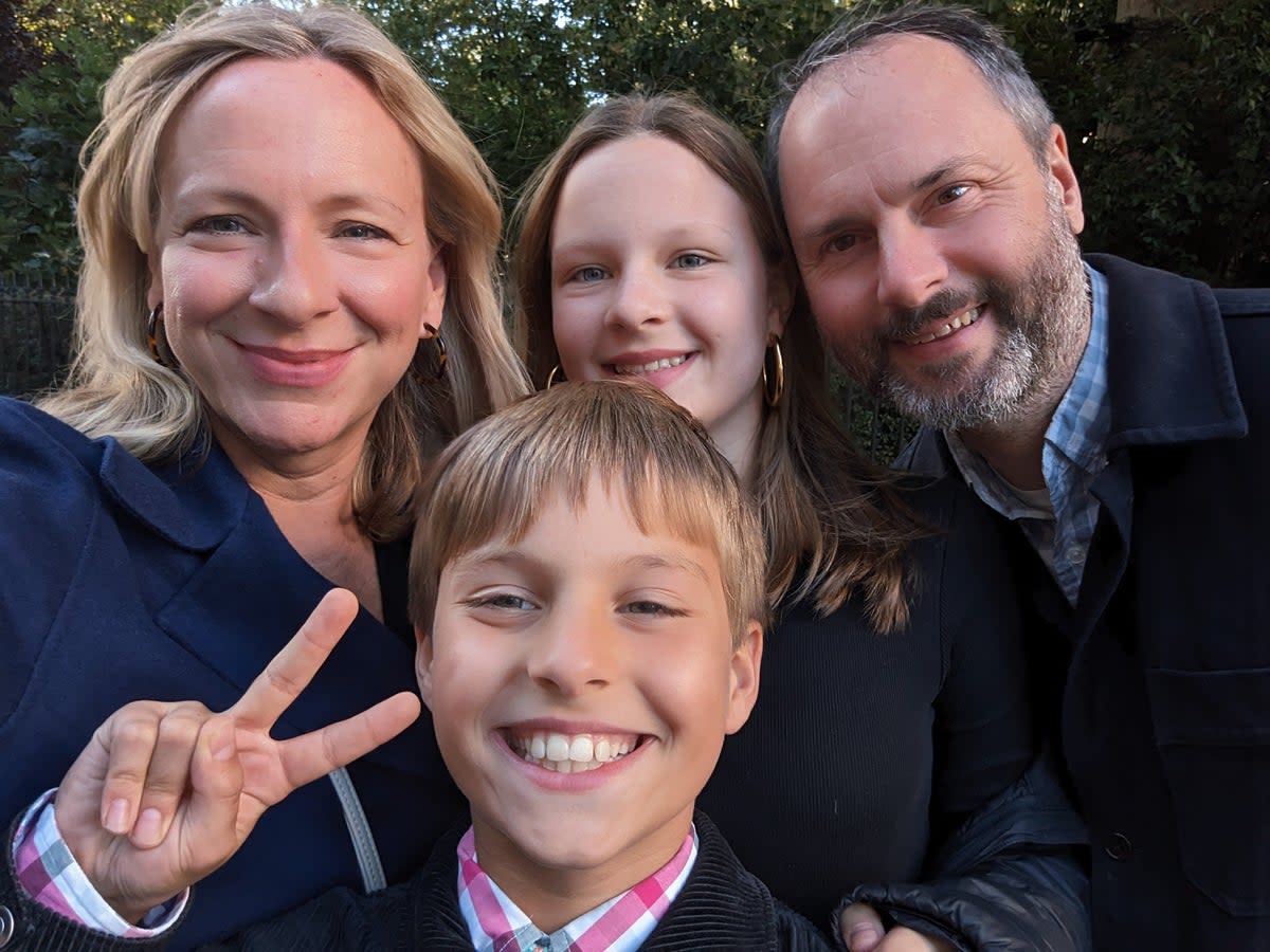 Sally Peck with her children, Henry and Antonia, and husband, Giles. The family returned to London from Lausanne at Antonia’s insistence (Handout)