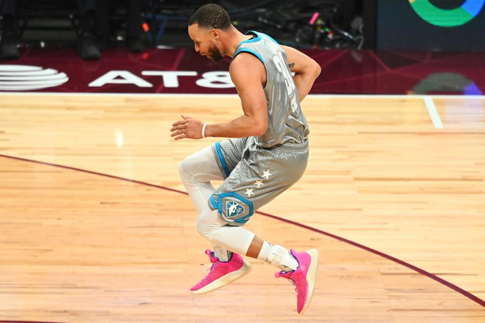 Stephen Curry of Team LeBron reacts after a three point basket during the third quarter against Team Durant during the 2022 NBA All-Star Game.