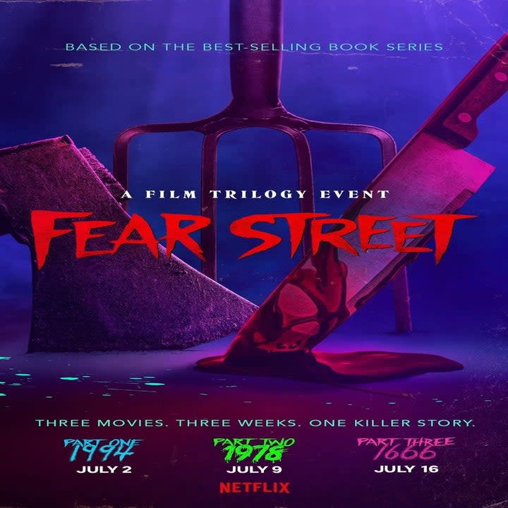 Three movie posters for the Fear Street series in dark colors featuring young girls in danger.